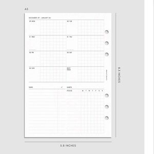 Cloth & Paper 2026 Dated Weekly Admin Planner Insert A5 6 ring punch
